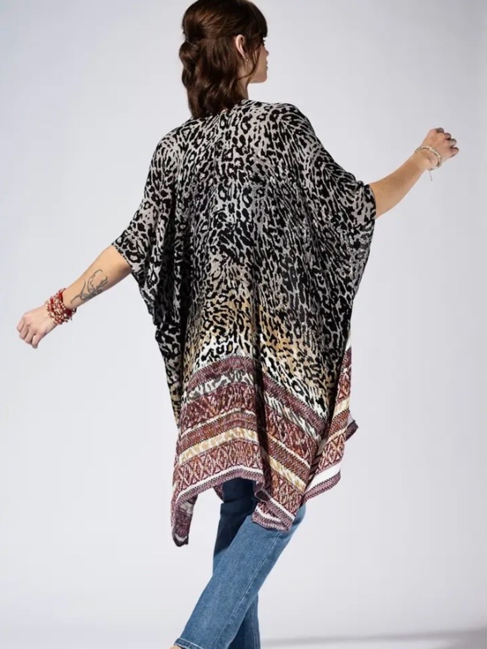 Leopard Print Border Kimono Cardigan - Black, Beige, Brown